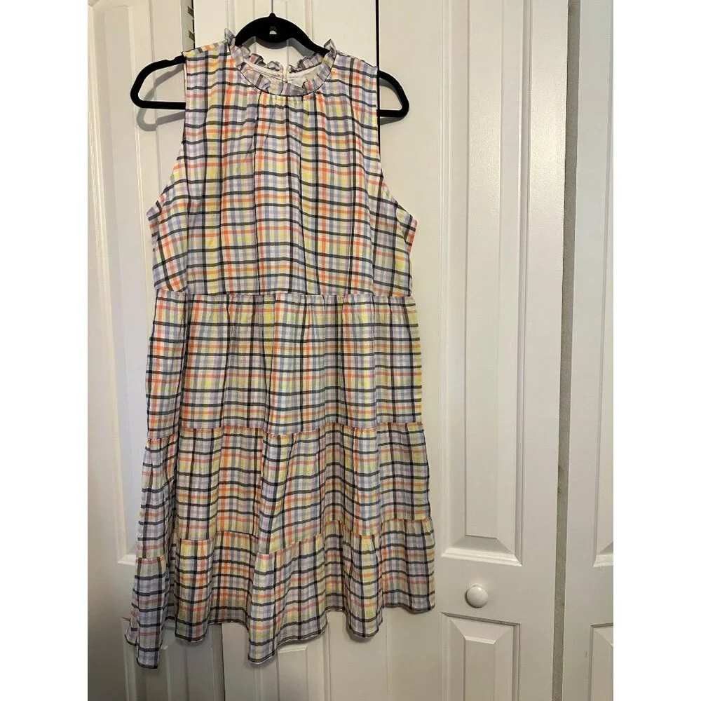 Loft Sleeveless Pastel Plaid Tiered Dress With Ruffle Neckline L‎